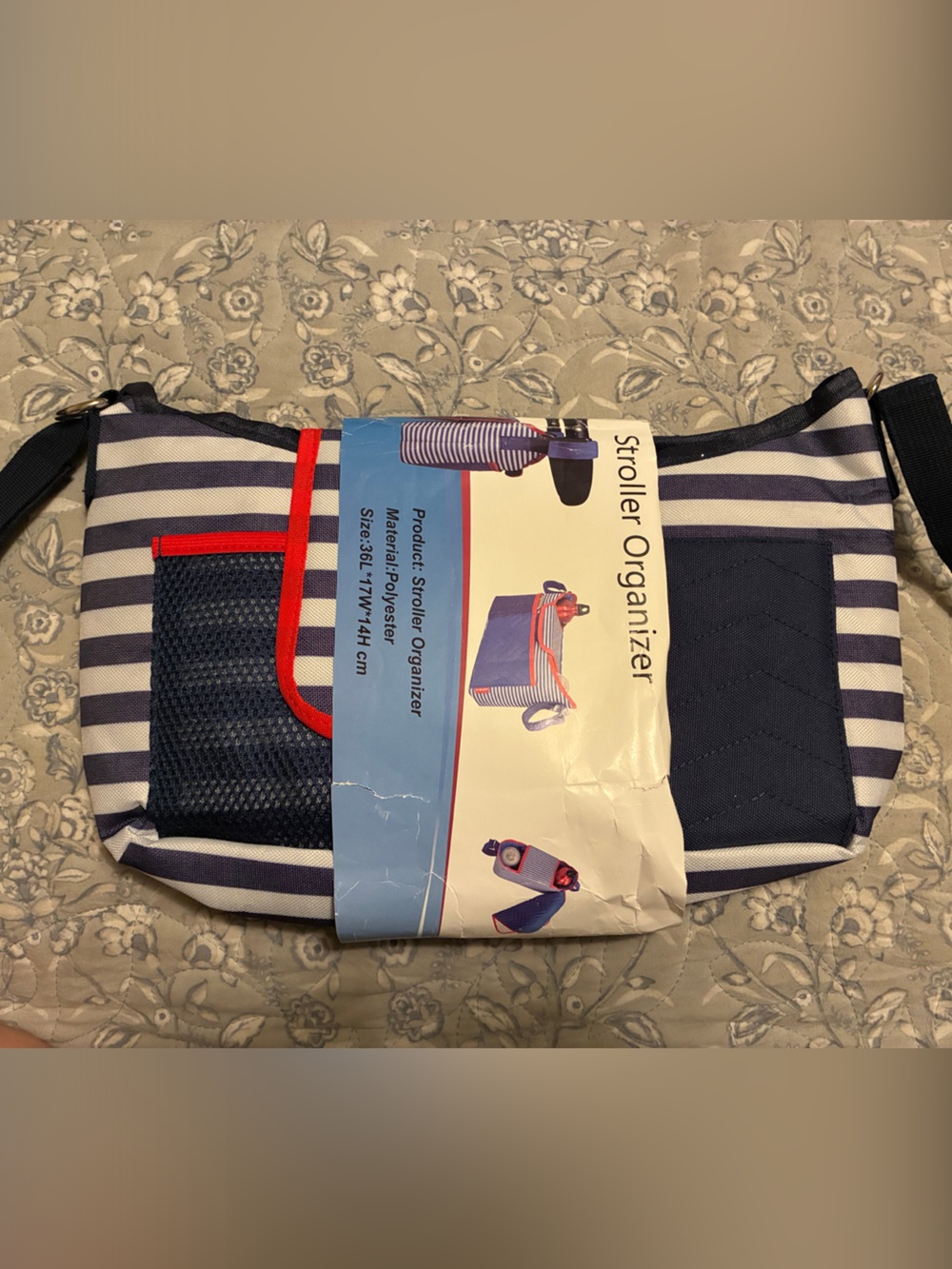 Blue/White Striped Stroller Organizer w/ Bottle Holder & Changing Pad 36x17x14